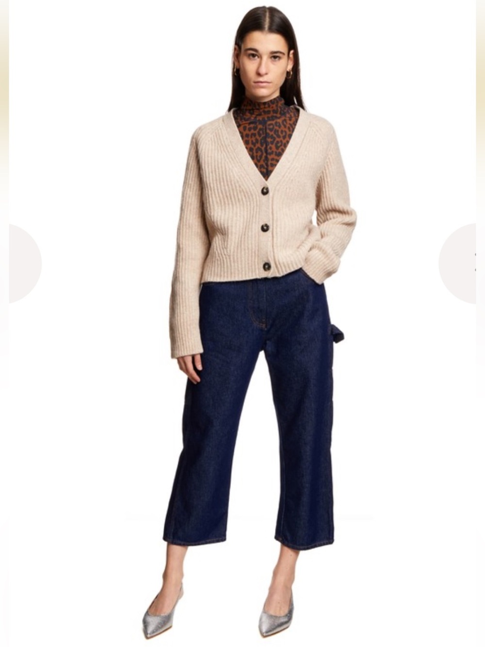 Ganni Wool-Blend Rib Knit Cardigan Brazilian Sand Beige Women’s SIZE XSMALL